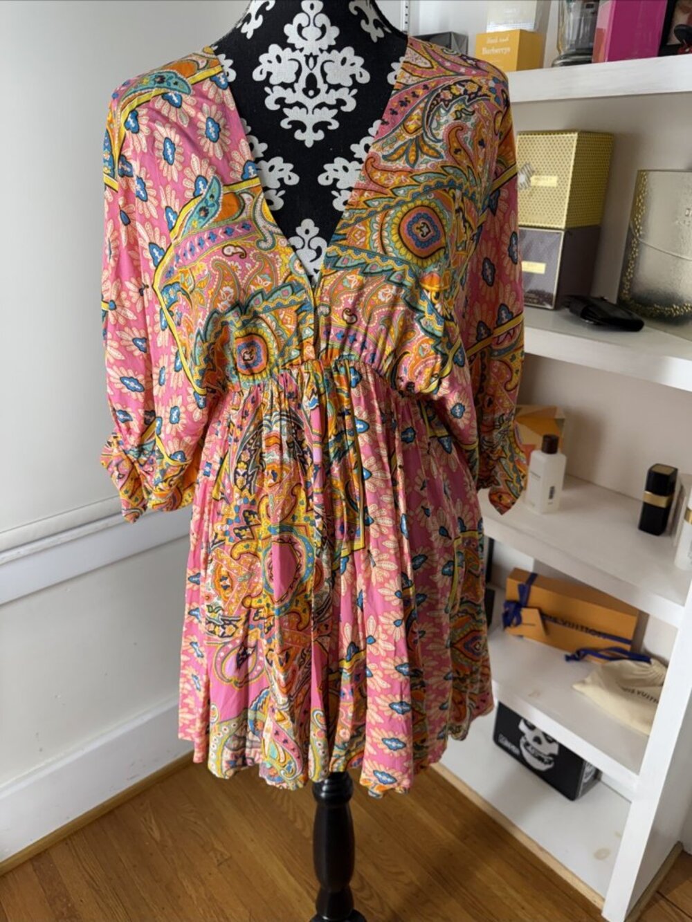 Vici Women L Boho Paisley Retro Vibes Babydoll Dress 3/4 Sleeves Romantic